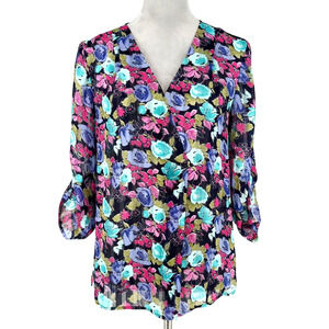 Chaus Top Womens Small Blue Pink Floral Chiffon Blouse Roll Tab Sleeves Career